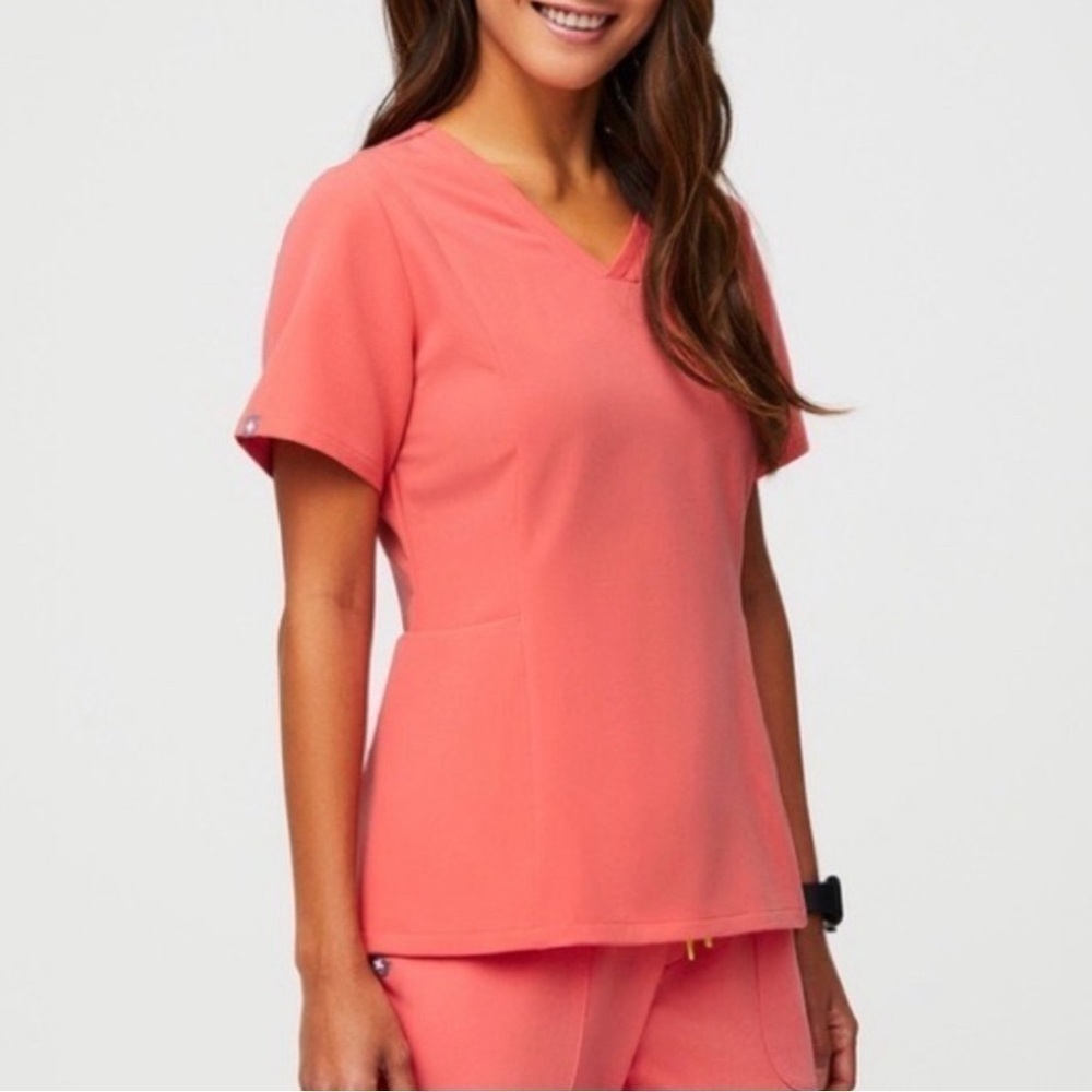 Figs Hot Coral Amapa -Slim V-Neck Scrub Top | Size XS